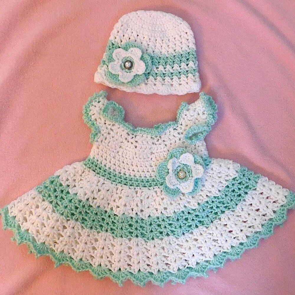 Crochet Baby Dress Handmade, Fits 0-3 Month, Baby Shower Gift, Flower Dress